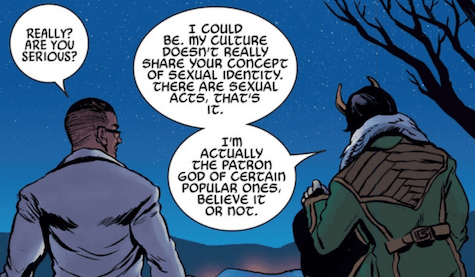 Scene from the comics where Loki explains to someone the concet of sexual identity is not common in his culture and that there are simply acts.