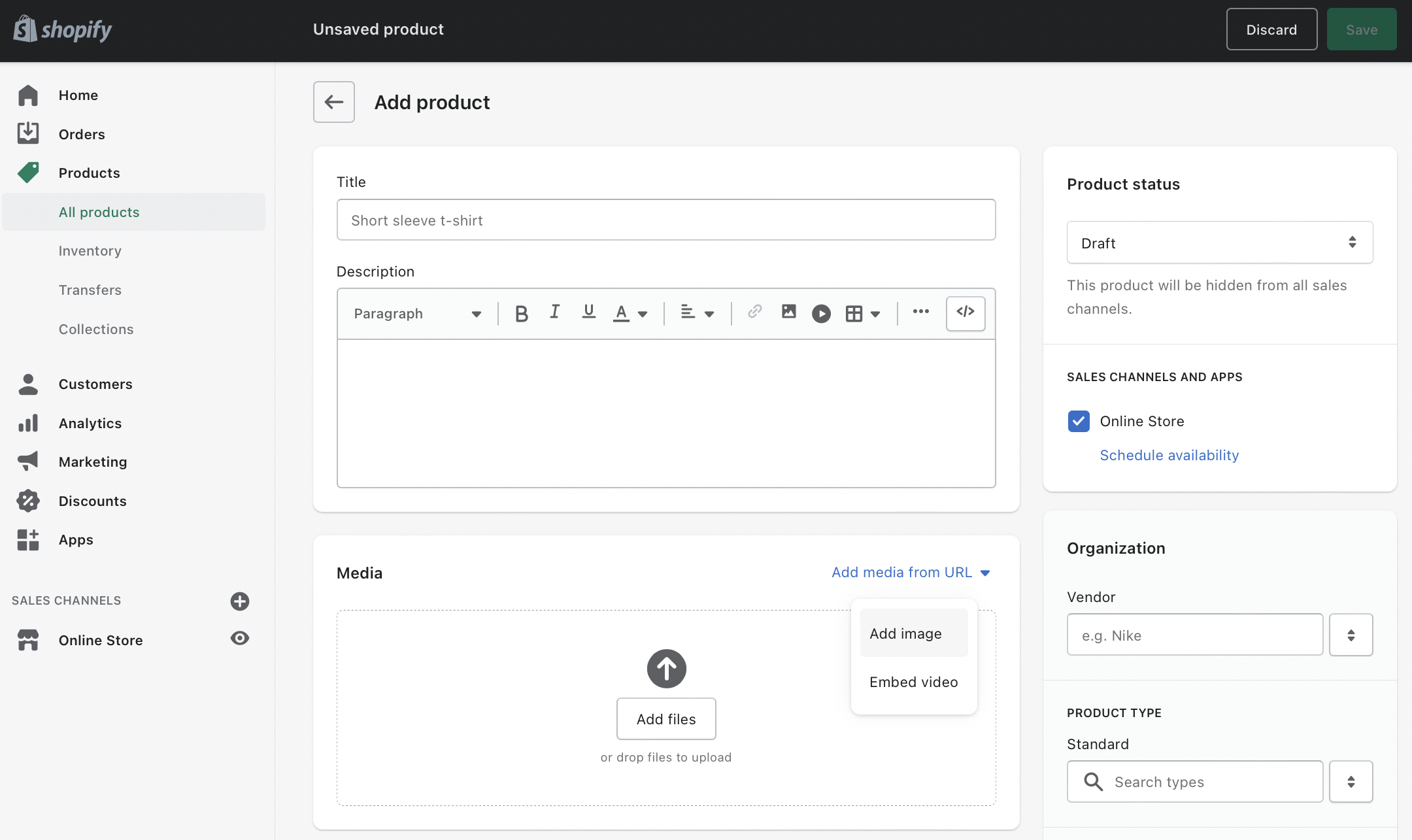 Shopify's product editor page