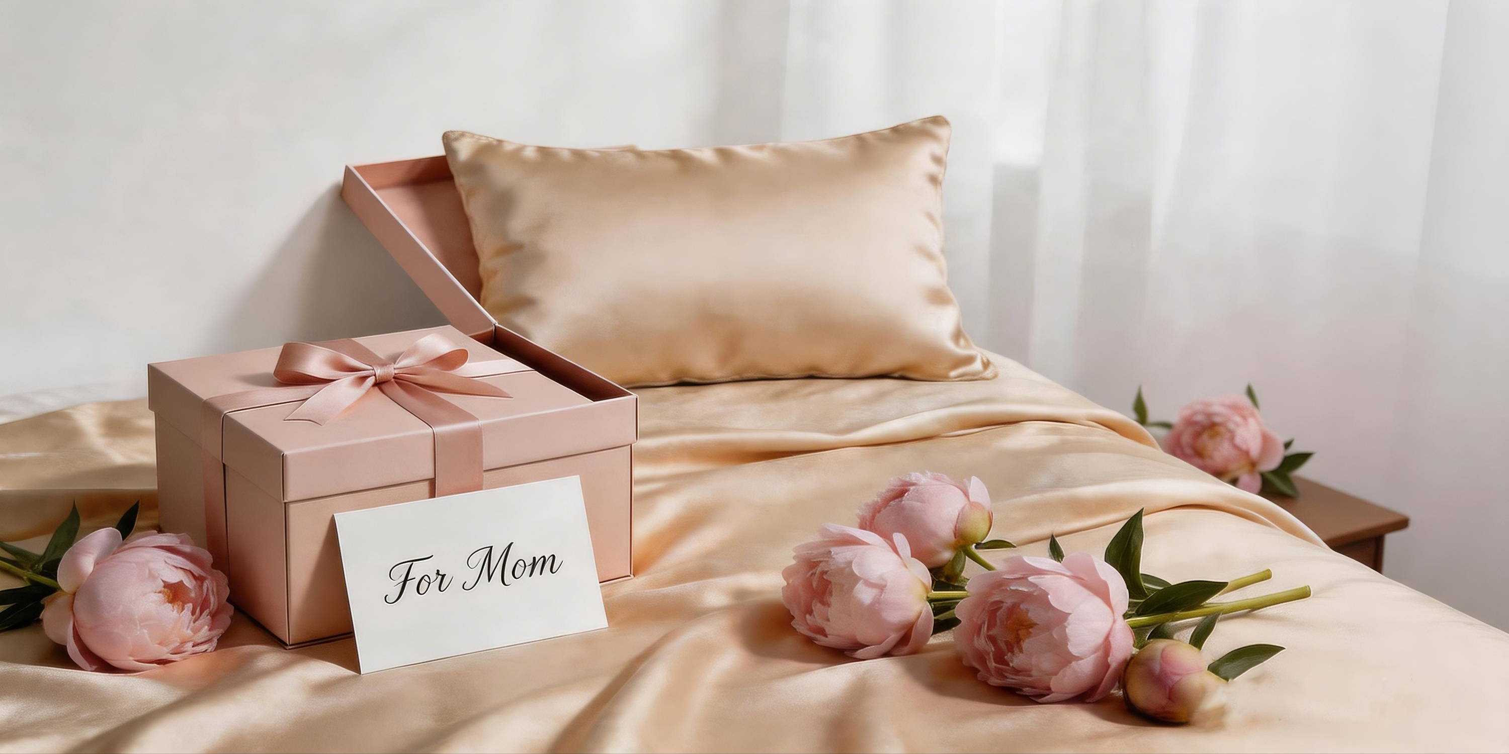 A pink gift box with ribbon, open to reveal a silk pillow on a bed with mulberry silk bedding and sheer curtains, with text 'For Mom