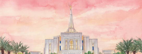 Banner image of a watercolor painting of the Gilbert Arizona Temple.