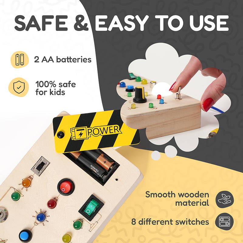 Infographic showcasing that the Montessori Wooden Switch Board is easy to use, safe, requires two AAA batteries, built with smooth wood and has eight different switches.