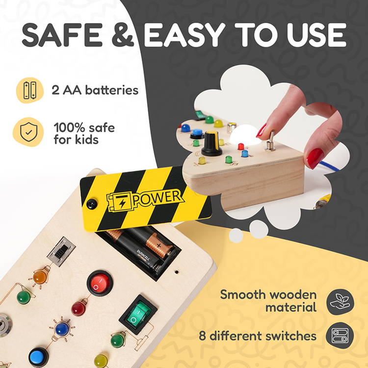 Infographic showcasing that the Montessori Wooden Switch Board is easy to use, safe, requires two AAA batteries, built with smooth wood and has eight different switches.