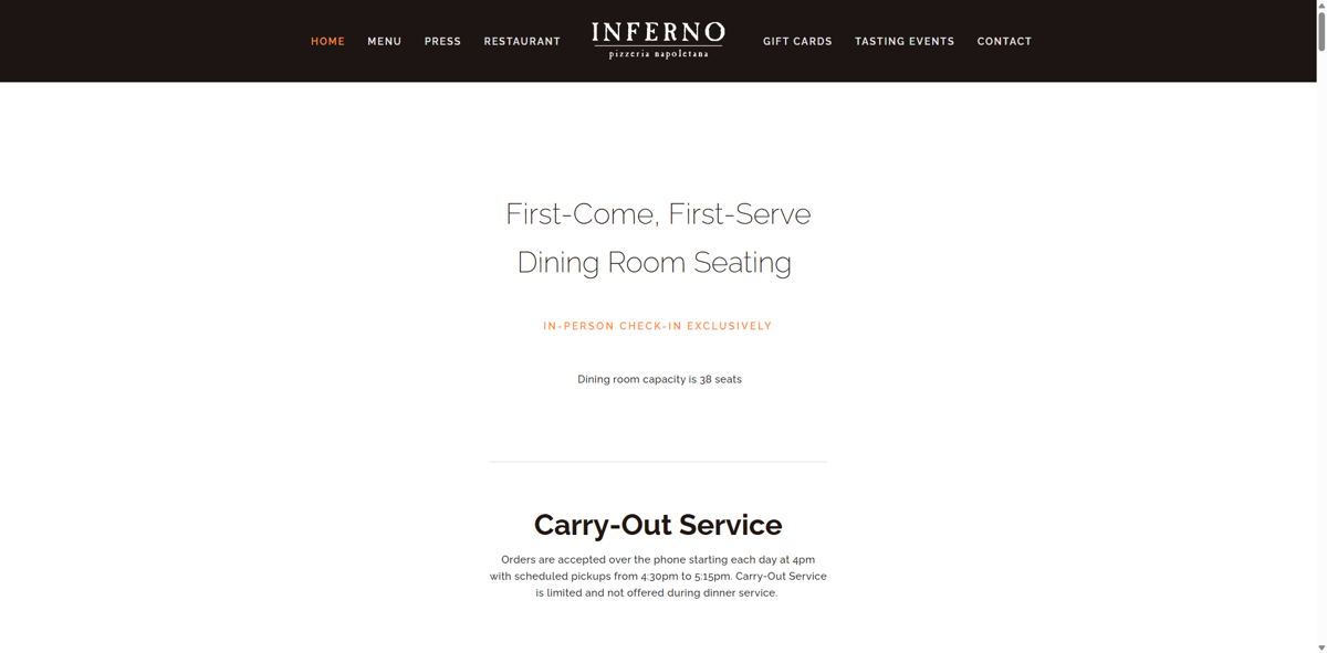 Screenshot of Inferno Pizzeria Napoletana, from the pizza place websites collection.