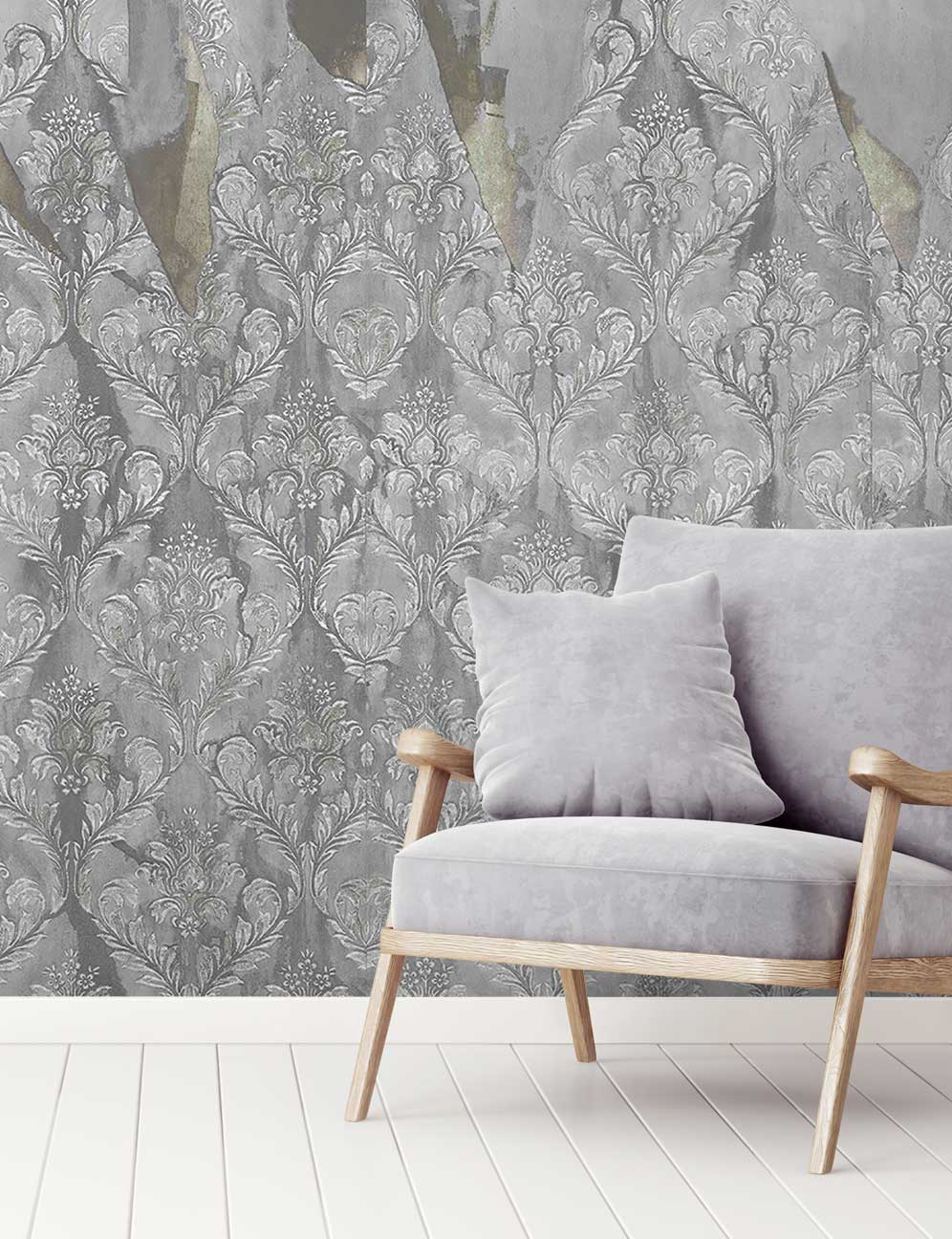 Feathr Grey Shabby Chic Damask Wallpaper design image