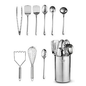 Stainless-Steel Kitchen Utensil Set - 10-piece premium Nonstick & Heat Resistant Kitchen Gadgets, Turner, Spaghetti Server, Ladle, Serving Spoons, Whisk, Tongs, Potato Masher and Utensil Holder