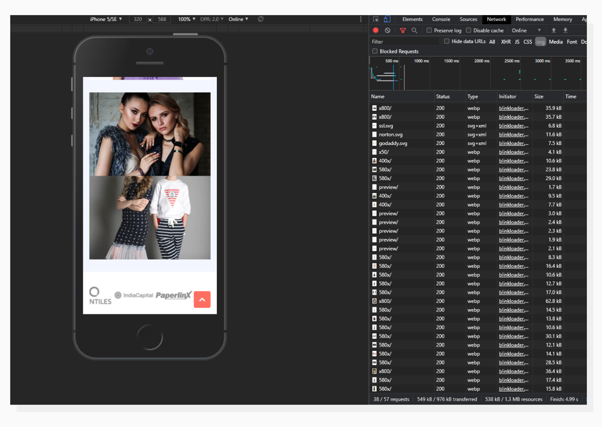 Adaptive Delivery continuously loads images on demand on a mobile screen, DPI: 2. Chrome Dev Tools Network tab with Images filter on mobile, page scrolled down