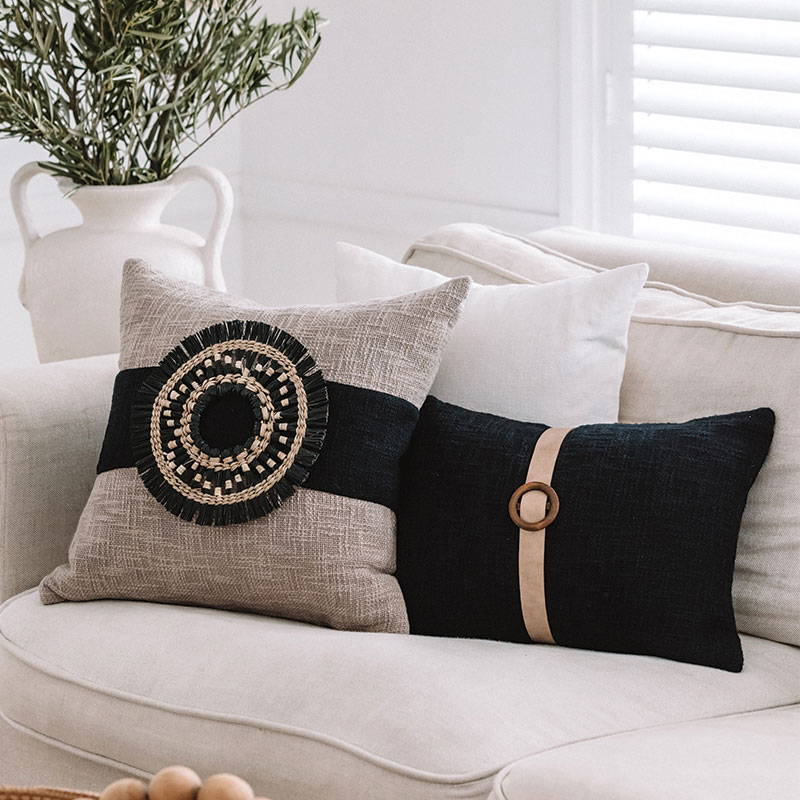 Modern Brown Cushion with Black and Natural Seagrass Cushion Accessory - A Stylish Addition for Contemporary Homes