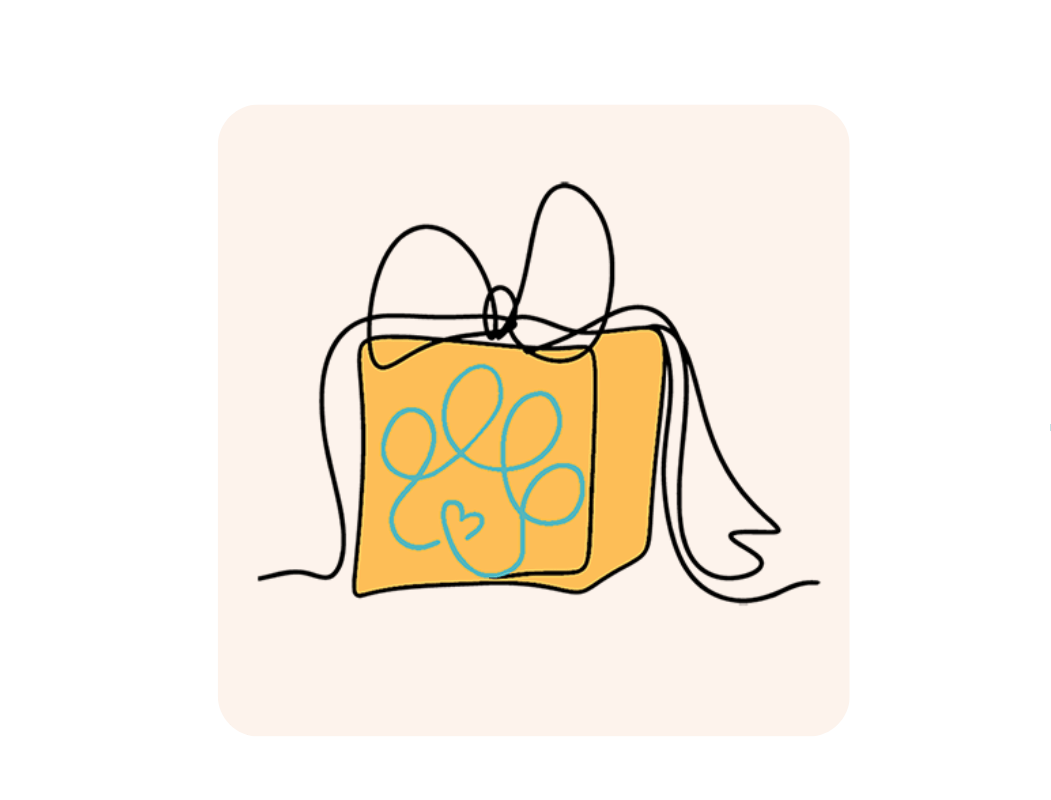 line drawing of present with bow and a paw print on the side of box