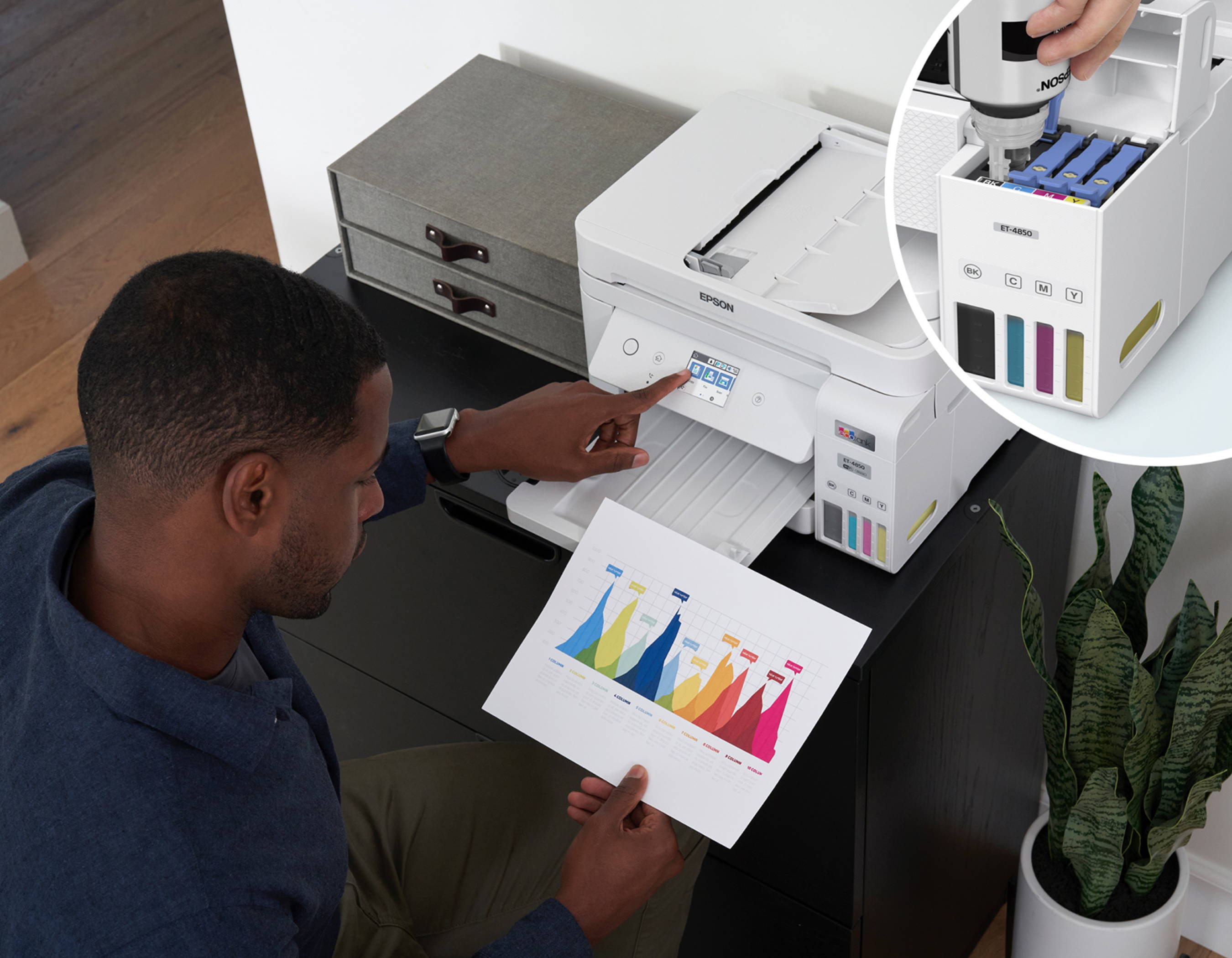 A man checks ink levels on his Epson printer. An in-set image in the upper right corner highlights Epson's EcoTank cartridge-free printing technology.