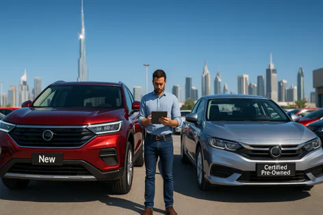 A man looks at a tablet standing between a red new SUV and a silver certified pre-owned sedan in a parking lot with a modern city skyline behind them.