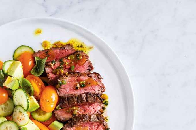 Quick Flap Steak and Tomato and Avocado Salad with Soy Sauce