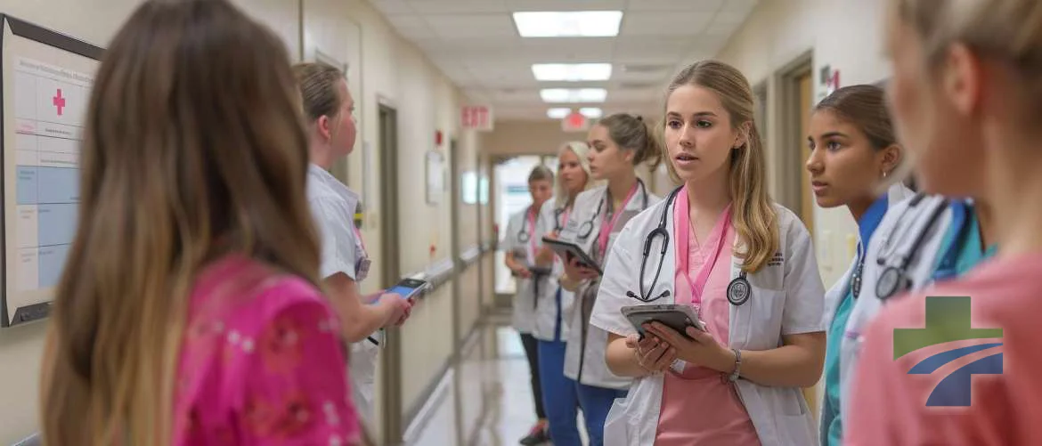 Experienced nurse guiding interns in a hospital, blending tradition with technology.