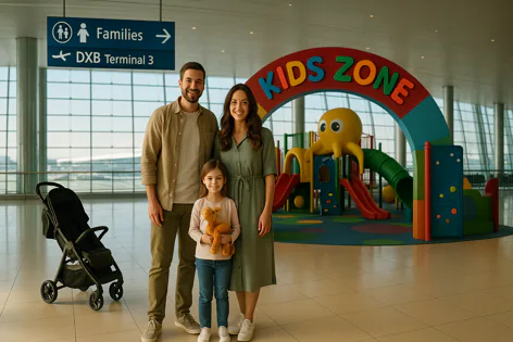 Happy family in airport terminal near Kids Zone playground. Father, mother, and daughter with teddy bear stand next to a stroller. Sign shows Families and DXB Terminal 3.