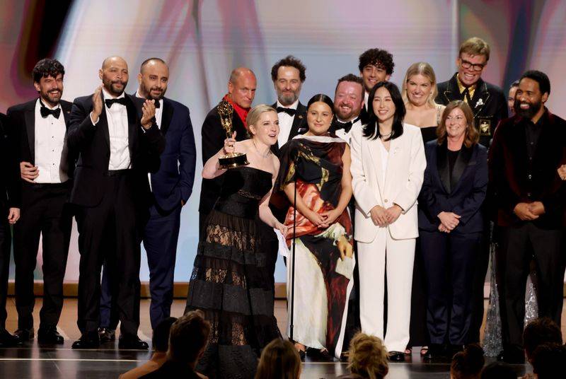 Image may contain: Mathew T. Thomas, Neil Casey, Matthew Rhys, Katie Dippold, Woody Harrelson, and Paige Chua