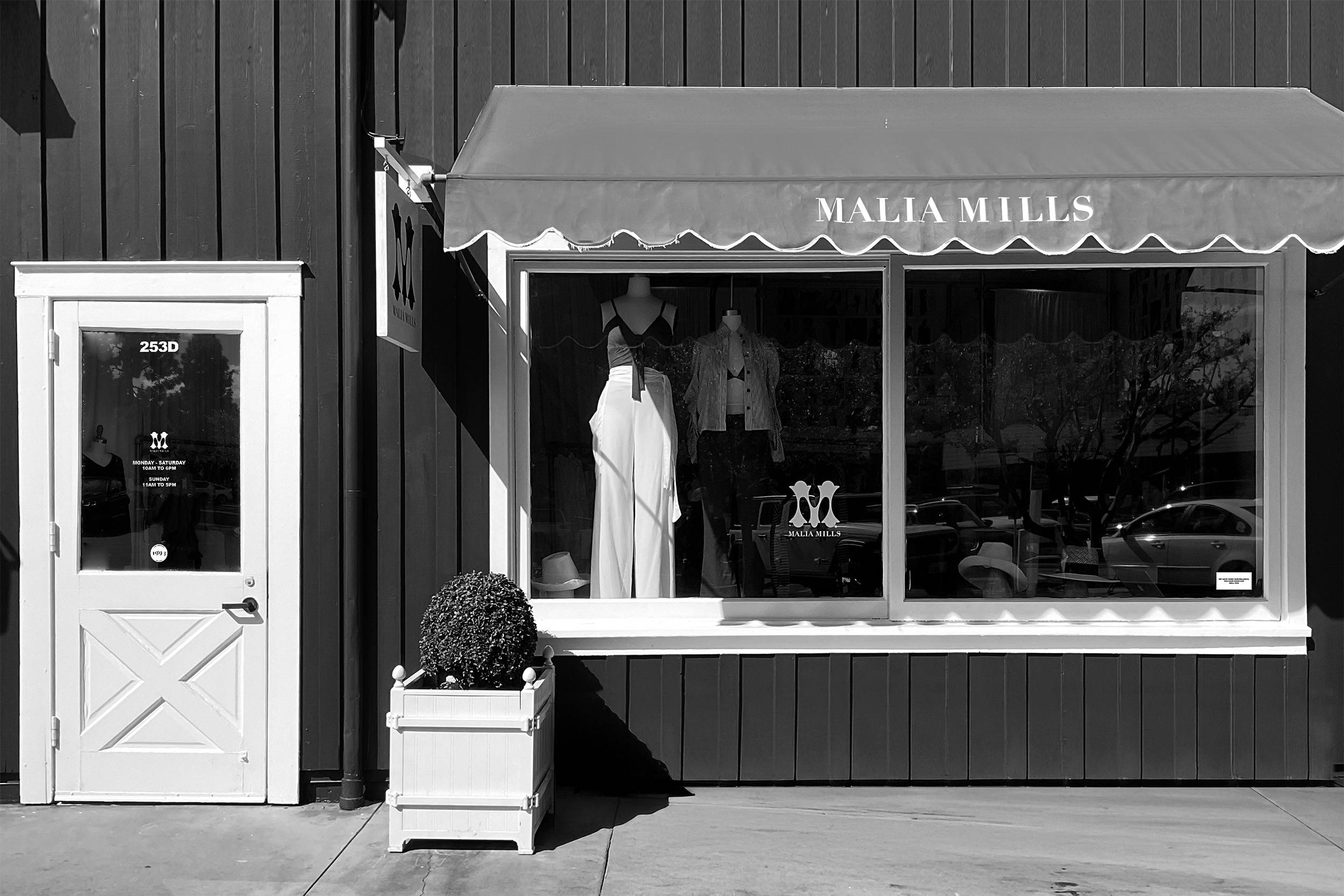 Exterior of the Malia Mills swimwear boutique at the Brentwood Country Mart in Los Angeles
