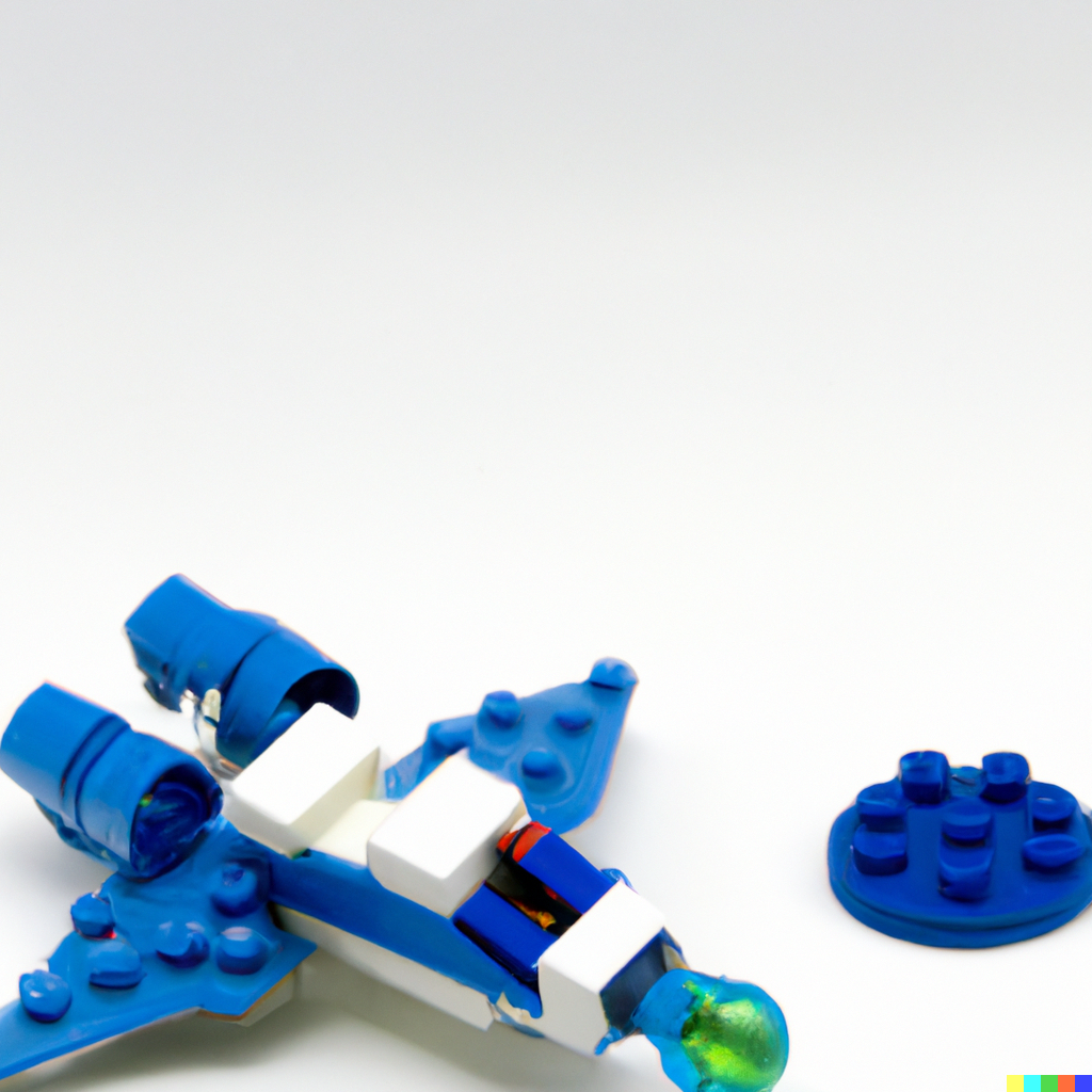 DALL·E 2023-03-03 21.17.47 - spaceship and blue lego piece.png
