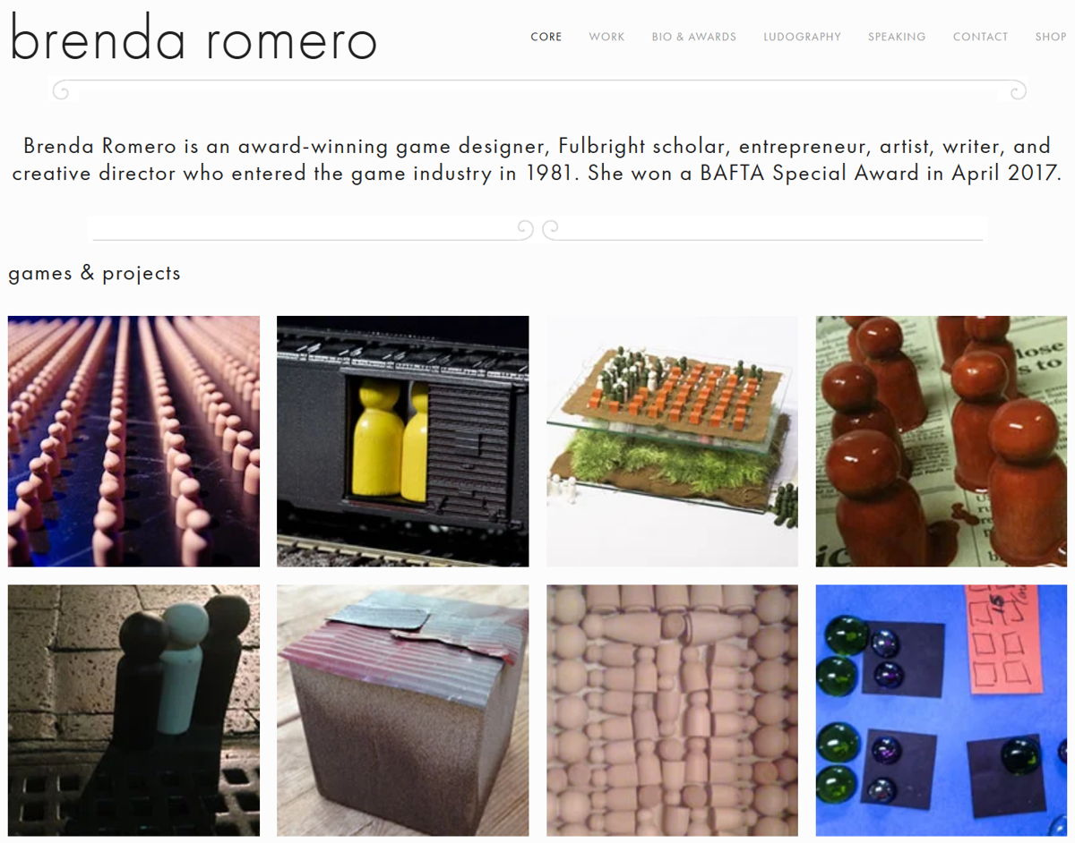 Screenshot of Brenda Romero, from the game developer portfolios collection.