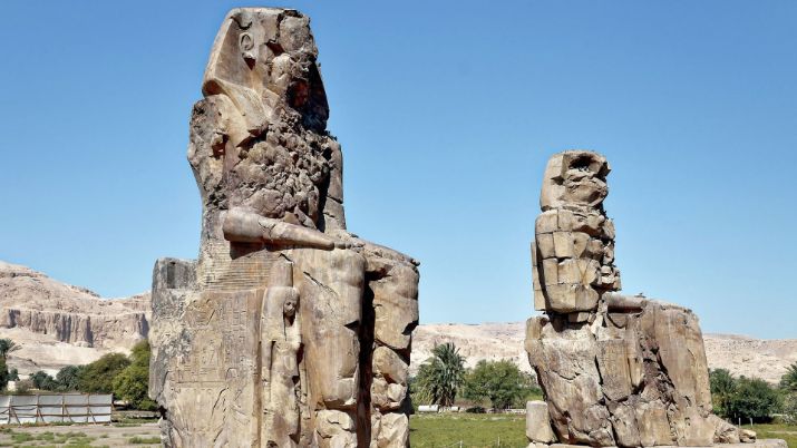 The Colossi of Memnon is an example of ancient Egyptian temple architecture characterized by its grand scale and elaborate decorations