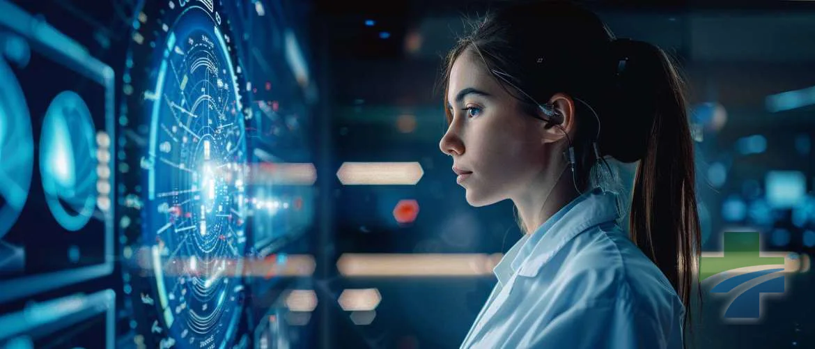 Nurse and AI interface synergizing for patient care in futuristic setting.
