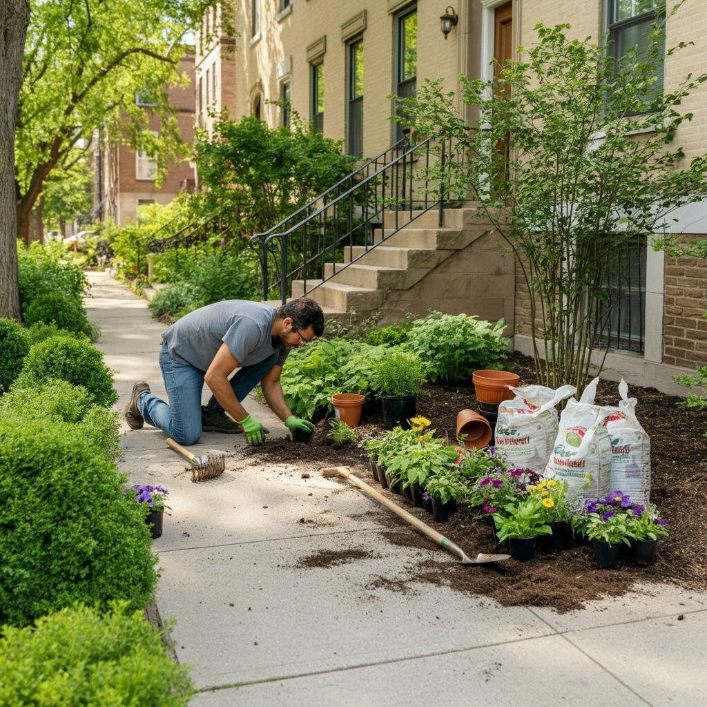 A landscaper enhancing curb appeal by planting colorful perennials along the walkway of a Chicago greystone. Garden tools, mulch bags, and various native plants suitable for the Midwest climate are arranged nearby on the sidewalk.
