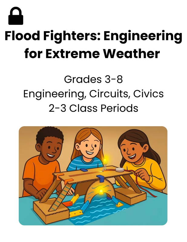 Image of three students building a flood-resistant bridge using a 3DuxDesign STEM kit, demonstrating a hands-on project-based learning activity focused on engineering, circuits, and extreme weather challenges. Ideal for grades 3–8 classrooms seeking real-world STEM education resources that build problem-solving, teamwork, and civic understanding.