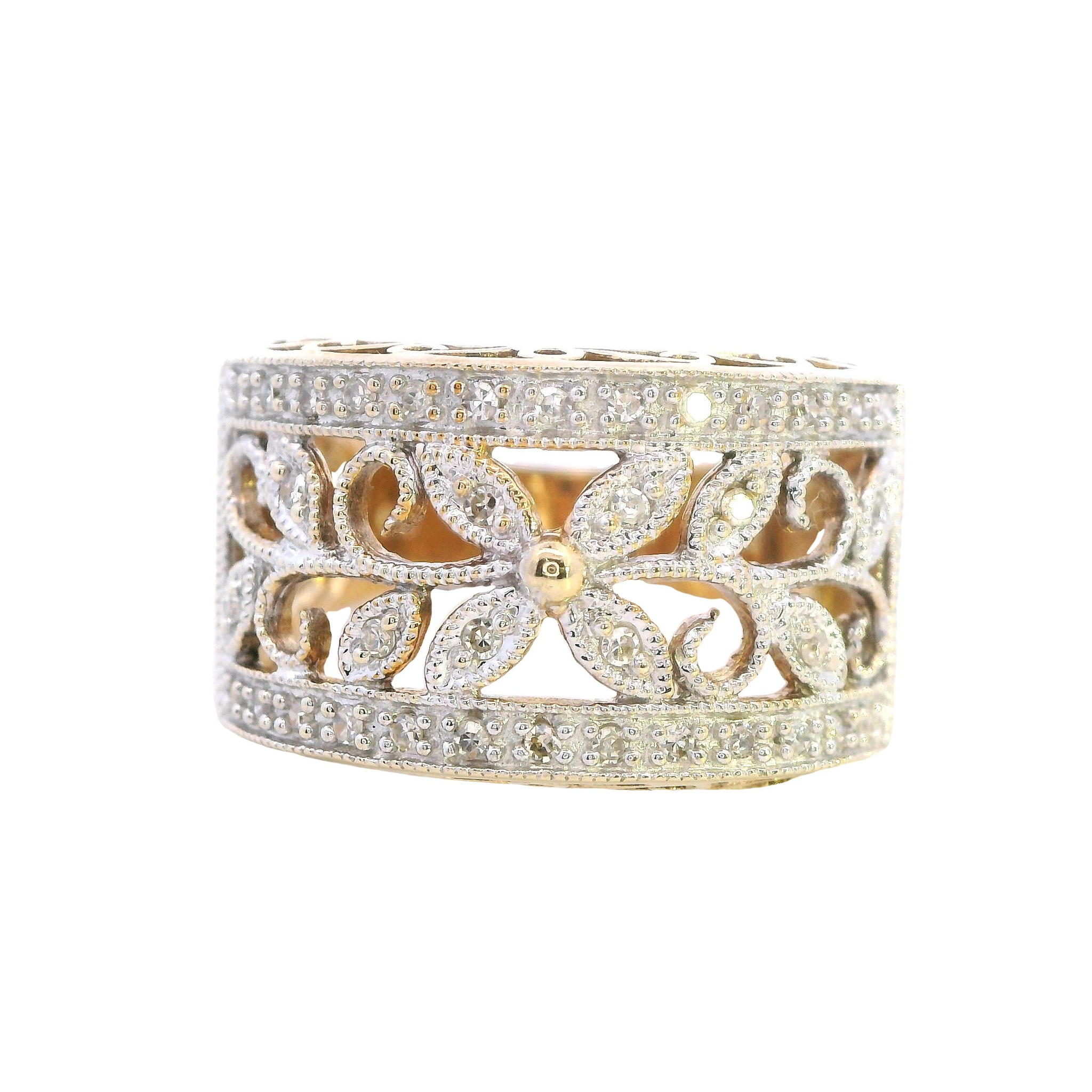 9ct Yellow Gold Diamond Filigree Floral Ring