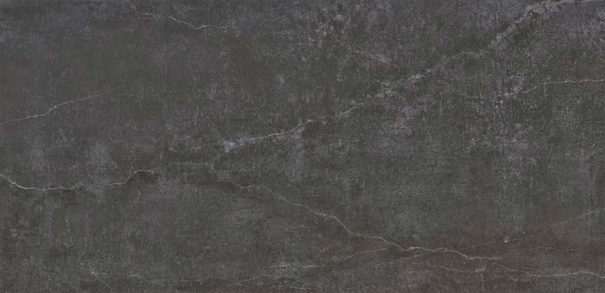 Dekton Laos: Materialmuster Dekton Laos, dunkle anthrazitfarbene Keramik in industrieller Optik mit matten Nuancen.