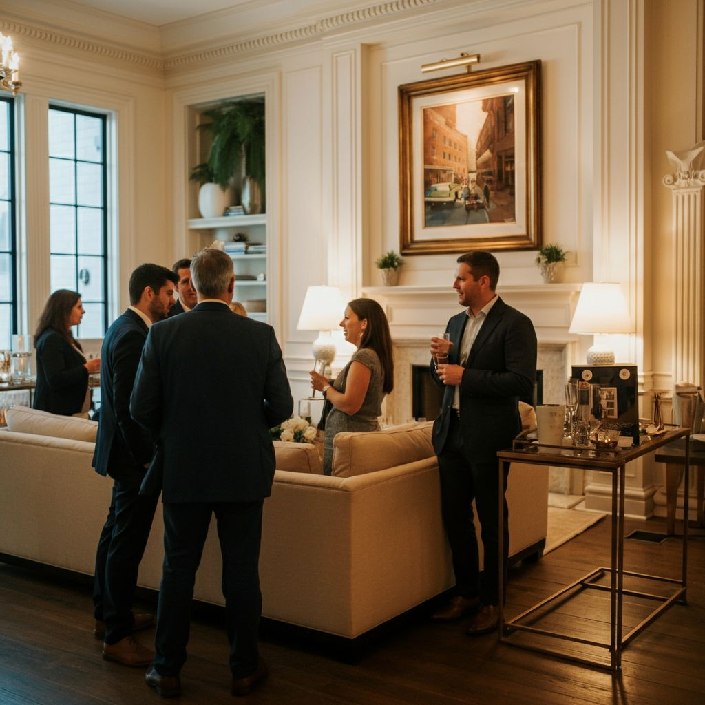An exclusive broker event in a Gold Coast property featuring elegant catering, property information displays, and real estate professionals networking in a tastefully staged living room. This targeted marketing approach connects properties with agents who represent qualified luxury buyers.