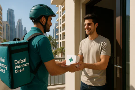 A Dubai Pharmacy Direct delivery driver hands a package with a green cross to a smiling customer at their doorstep, against a city skyline background.