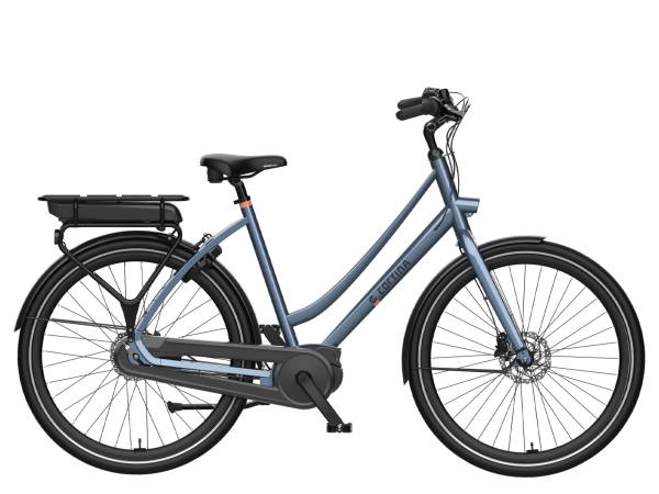 Zijaanzicht van een Brompton T Line elektrische vouwfiets in titaniumkleur, met compact frame, kleine wielen, hoge stuurpen en minimalistisch ontwerp, vrijstaand op een neutrale achtergrond.