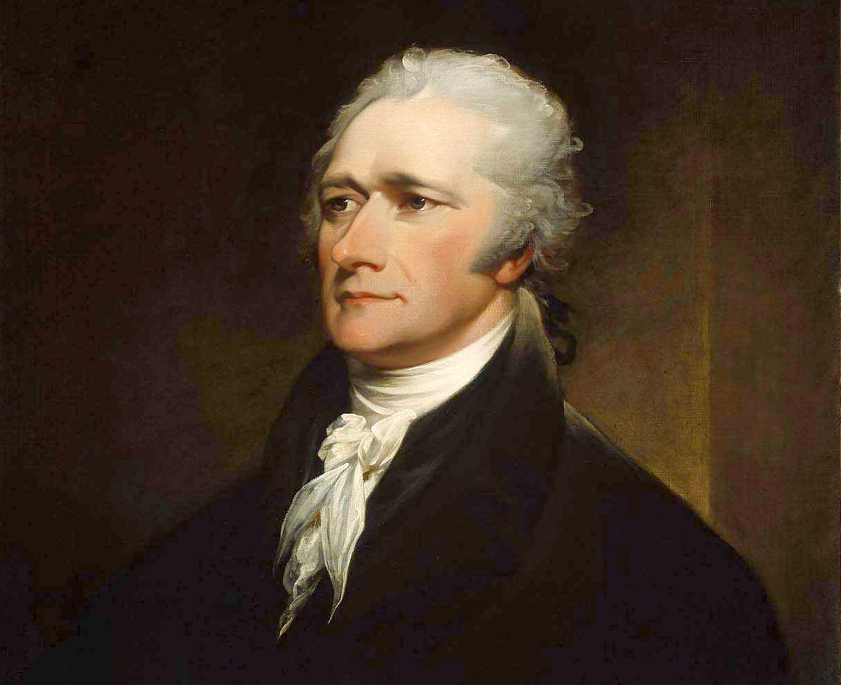 Portrait of Alexander Hamilton with a quiet smile, wearing dark robes.