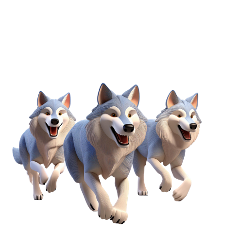 Three wolves running in a pack