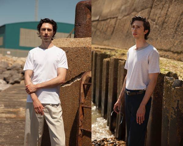 Man wearing plain white t-shirt with light chinos and man wearing organic cotton striped t-shirt with navy trousers, both from sustainable menswear brand Goose Studios