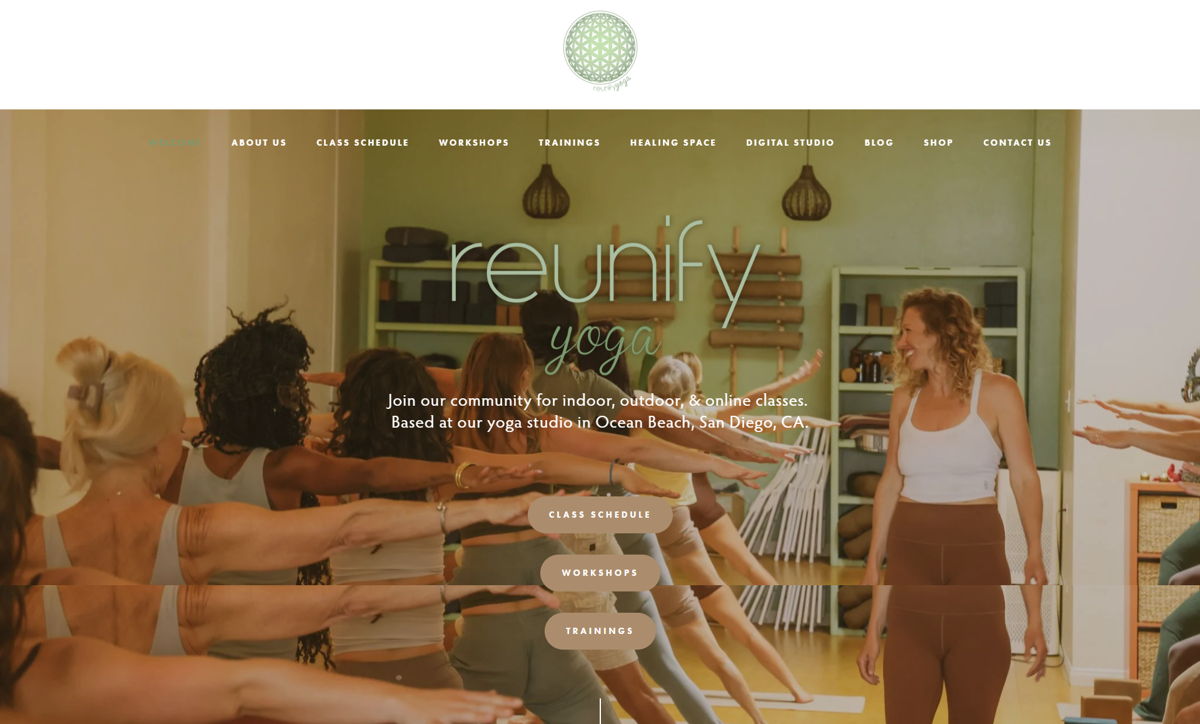 Screenshot of reUnify Yoga, from the squarespace yoga websites collection.