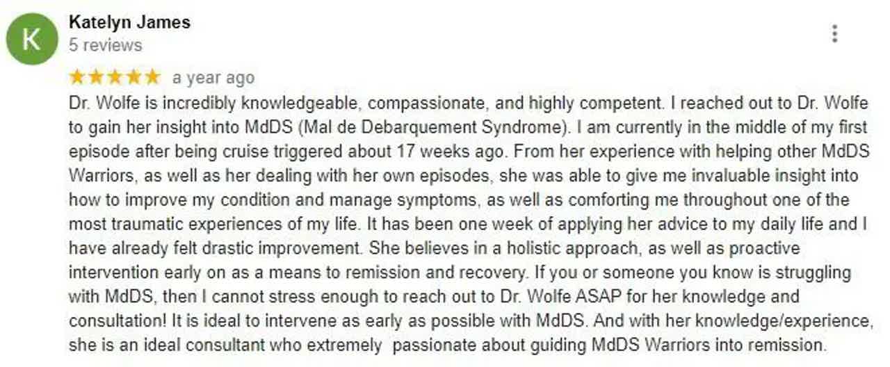Screenshot of a review text by Katelyn James describing Dr. Wolfe’s knowledge, compassion, and MDS guidance.