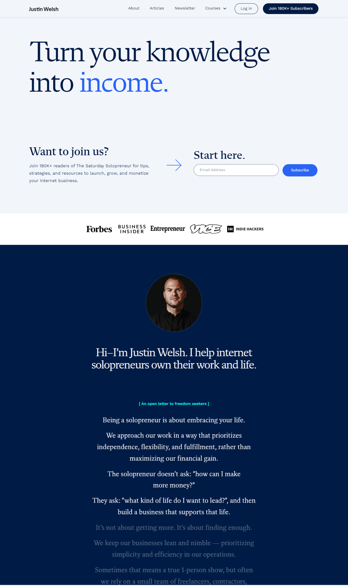 Screenshot of Justin Welsh, from the personal websites collection.