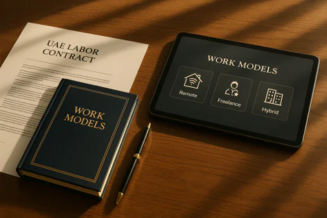 UAE Labor Contract document, a book labeled WORK MODELS, and a tablet screen showing Remote, Freelance, and Hybrid work model options on a wood surface.