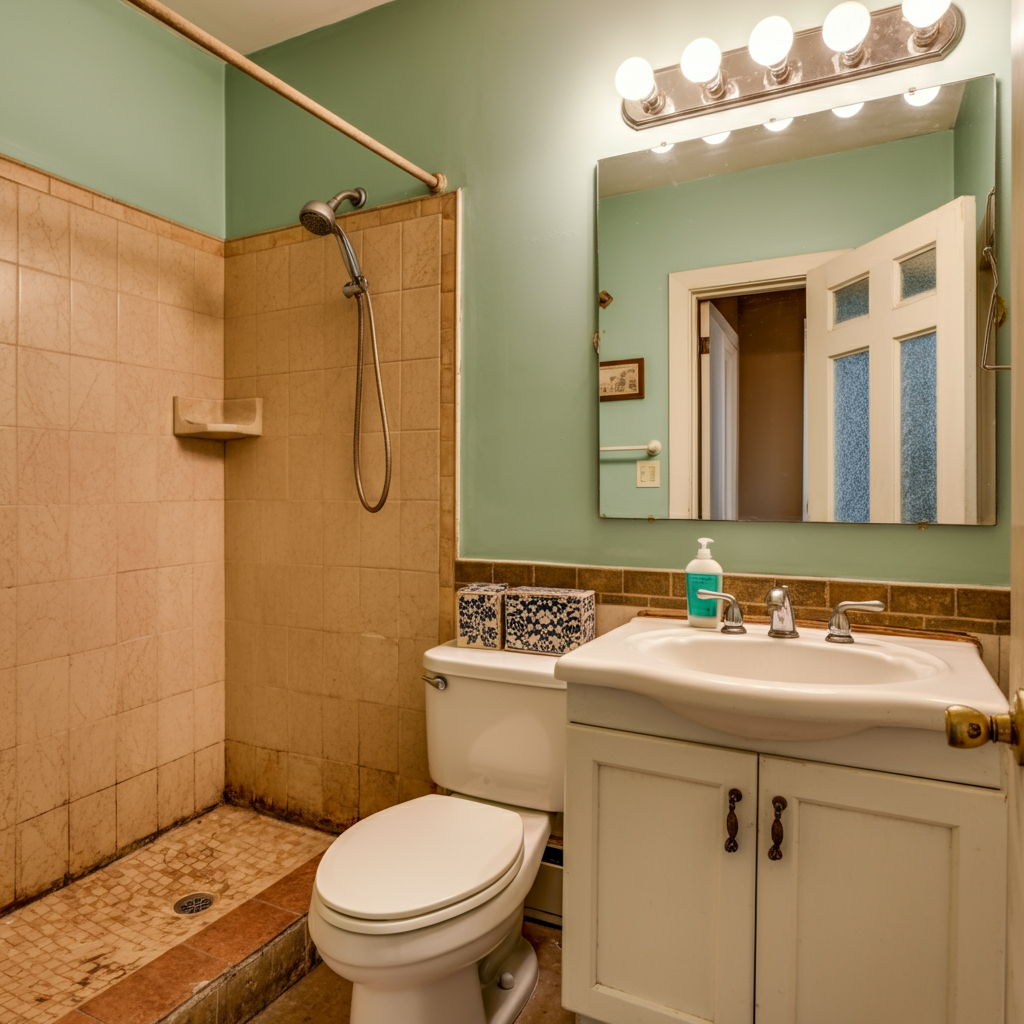 Before: A bathroom in a vintage Gold Coast condominium showing signs of water damage around the shower enclosure. The grout is discolored and cracking, with visible moisture stains on the adjacent wall. The outdated fixtures and poor caulking would likely trigger inspection concerns.