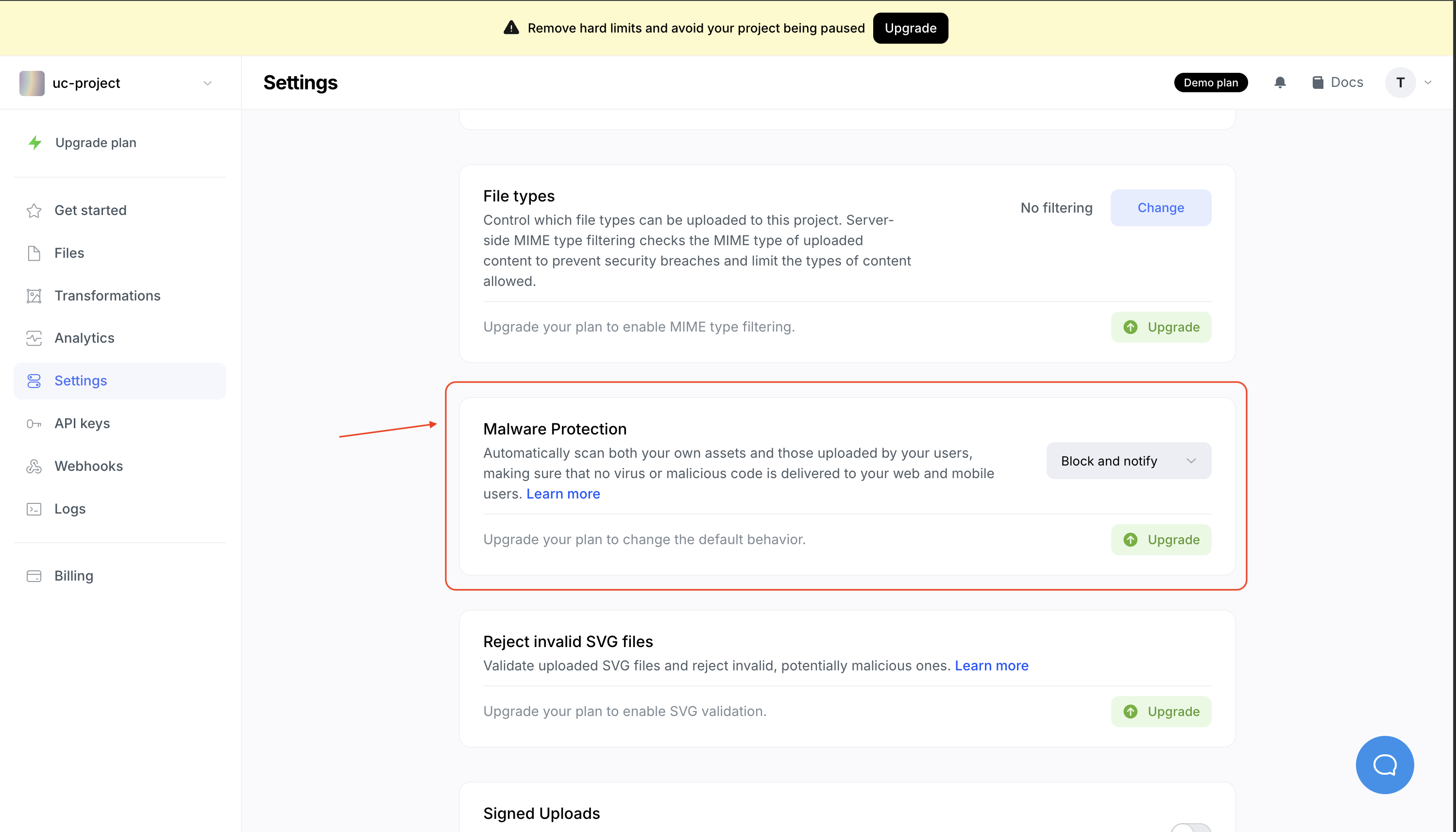 Enabled malicious file detection from uploadcare dashboard