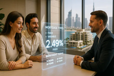 Couple discusses mortgage types, a 2.49% fixed rate, and repayment terms with an advisor. A display shows fixed and variable options. City skyline visible.