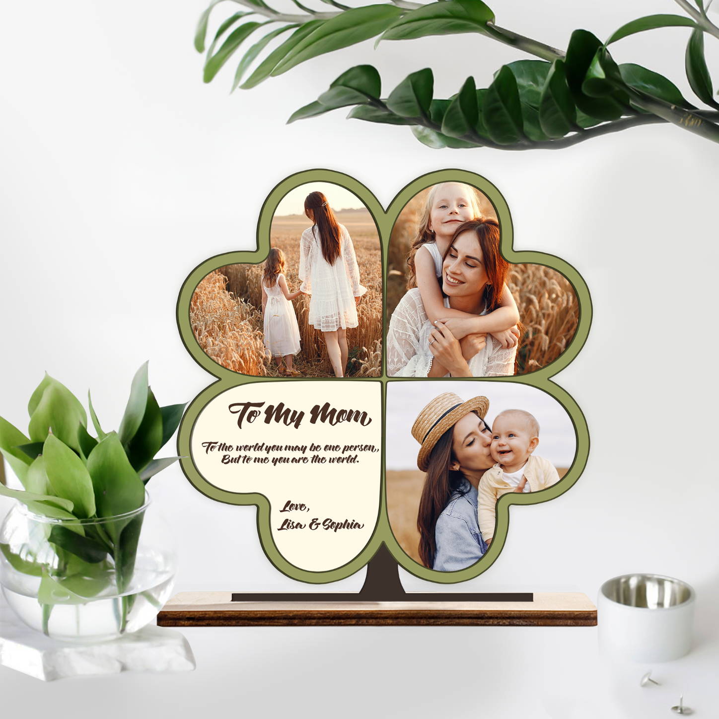 A plaque with a 4-leaf clover with a meaningful image of you and your mother will be a gift to bring her luck.