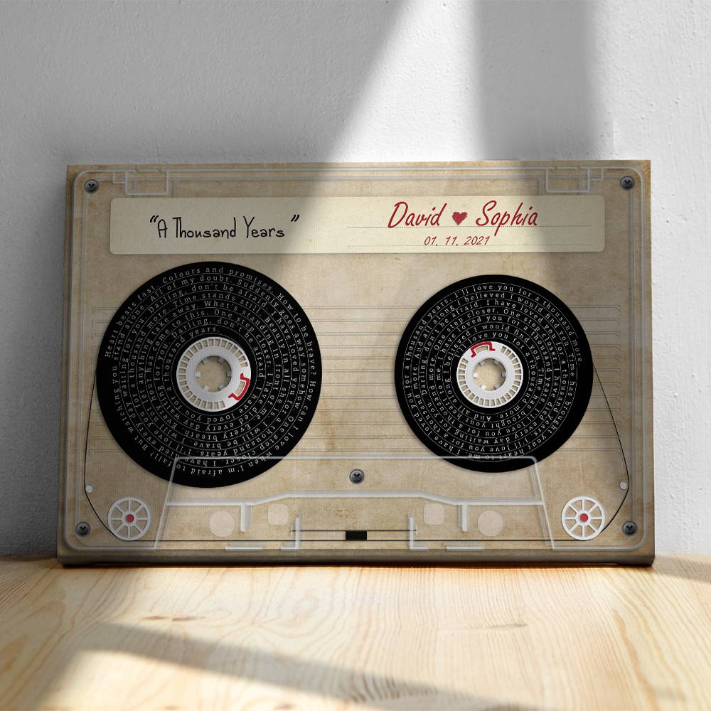 You're thinking about giving your husband a music related gift for the upcoming anniversary? If he loves classical music, this cool music wall art would be a good idea for you. Designed as a cassette tape with song lyrics and your names on it, it'll blow a new vintage vibe for your room.