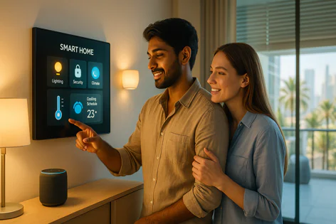 Happy diverse couple using a digital smart home control panel to manage heating, cooling, lighting, and security settings in a modern apartment.