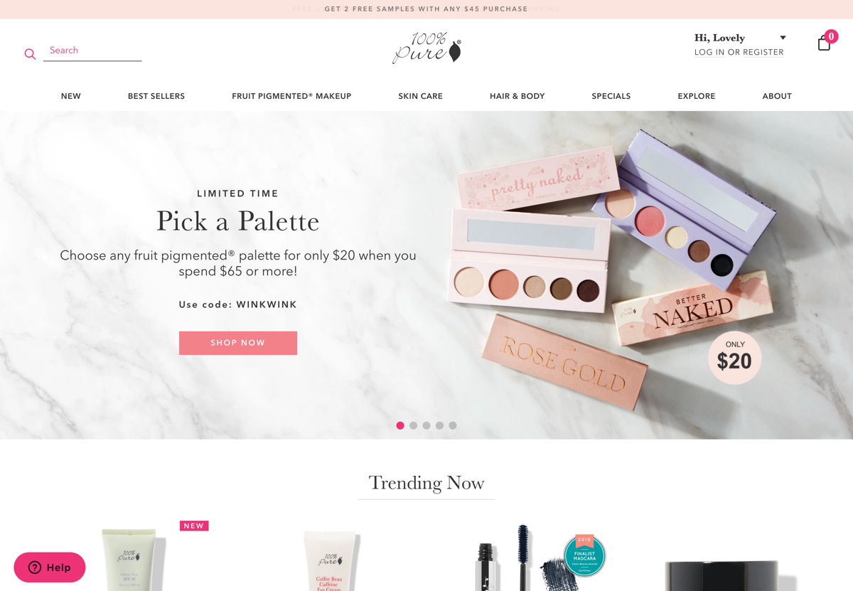 Screenshot of 100% Pure, from the beauty websites collection.