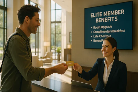 A smiling man receives a loyalty card from a friendly receptionist at a modern lobby desk, with elite member benefits displayed on a screen.