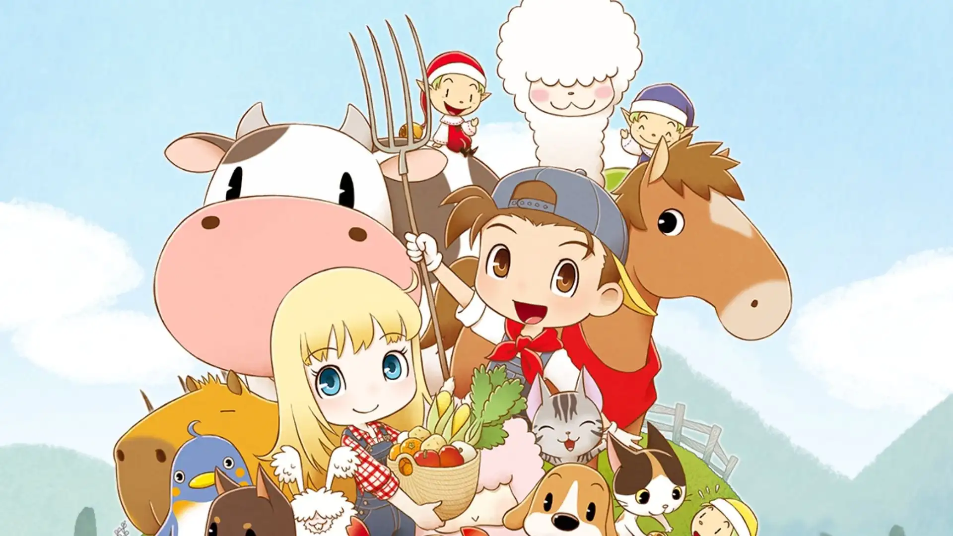 The colorful cast and animals of Story of Seasons huddled together at the farm.