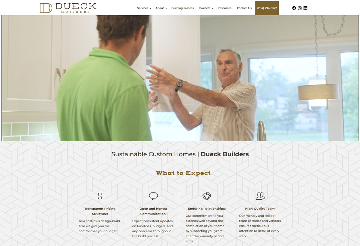 Screenshot of Dueck Builders, from the home builder websites collection.