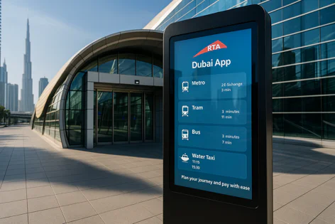 Outdoor digital screen shows the RTA Dubai App with public transport options and times near a modern station entrance and the Burj Khalifa.
