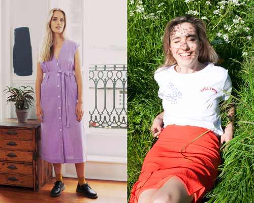 Women wearing lilac button up sustainable dress and a white organic cotton t-shirt