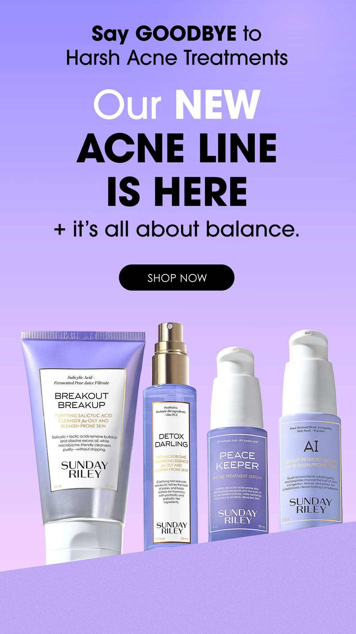 A promotional image for Sunday Riley's new Aquamarine Melt Hydrating Gel-Balm Cleanser. The ad features a close-up of a woman with makeup melting off her face as she uses the cleanser, alongside a sleek product bottle. The text highlights its ability to dissolve makeup and impurities while leaving the skin glowing. The background is a fresh aquamarine color, complementing the product's branding.